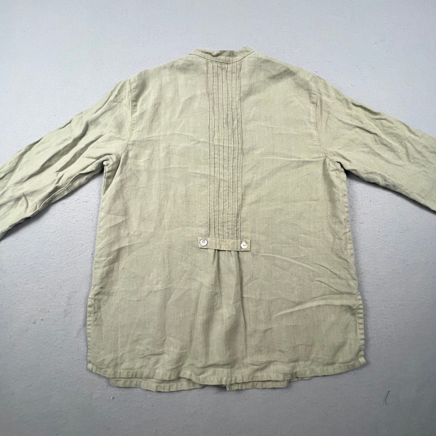 J. Jill Linen Button Down Tunic Womens MP Petite Green Pleated Back Coastal Boho