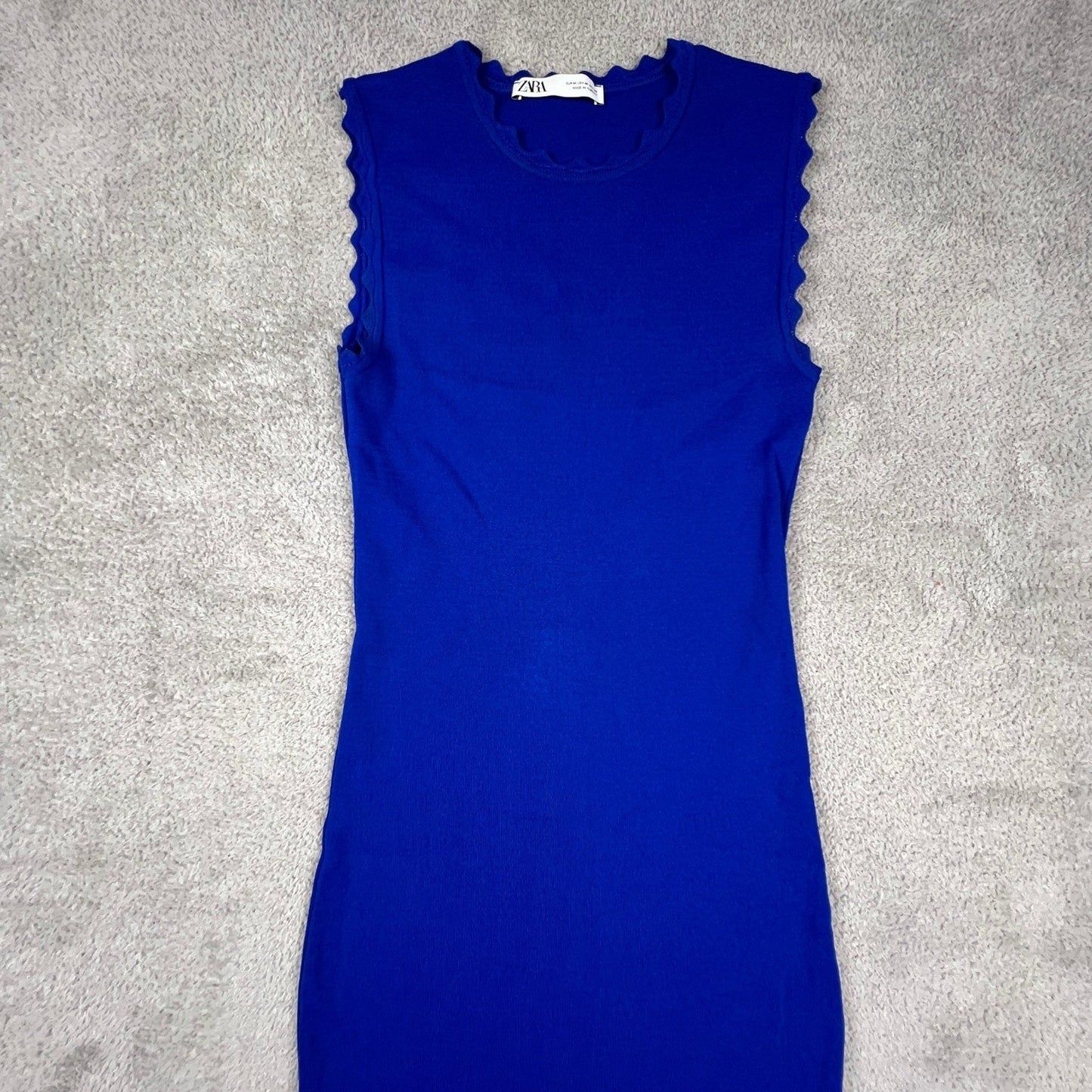 Zara Knit Midi Dress Womens Medium Blue Scalloped Trim Bodycon Sleeveless Chic