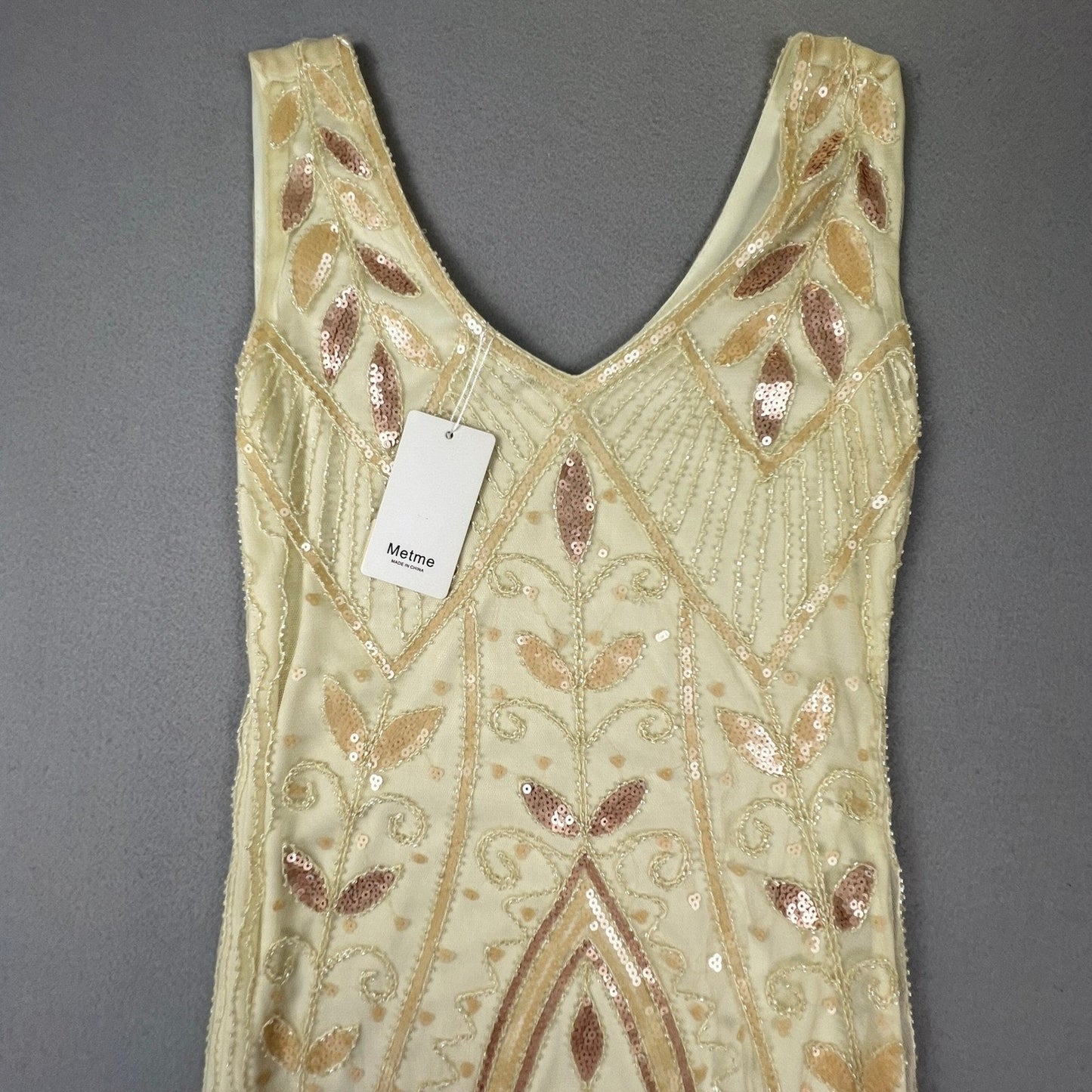 NWT Metme Flapper Dress Womens Small Cream Sequin Fringe Art Deco Gatsby Party