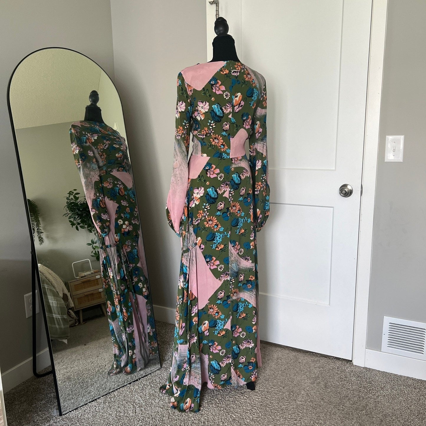 House of Holland Maxi Dress Womens 4 Green Floral Ruched Long Sleeve Boho Gown