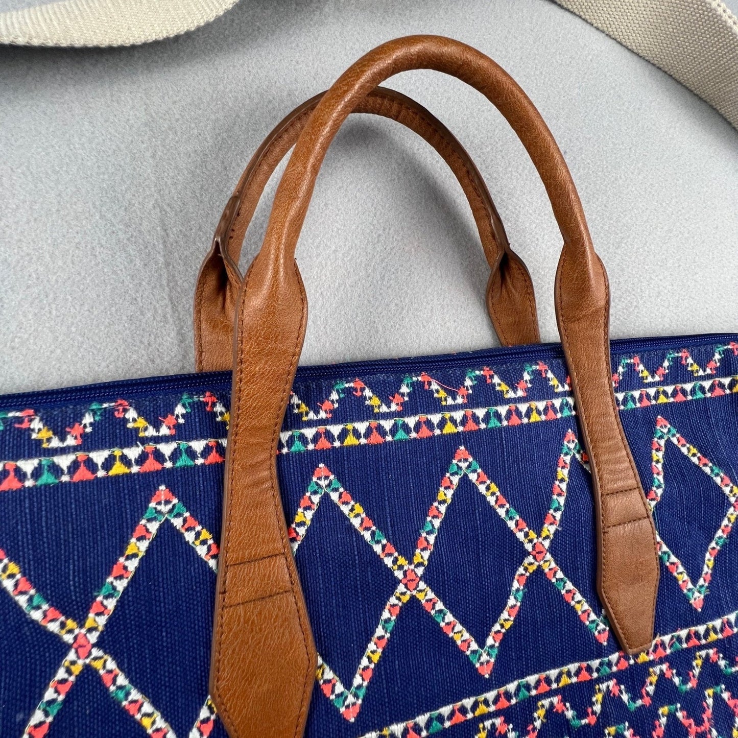 Boho Weekender Travel Bag Large Blue Embroidered Geometric Tote Carry On