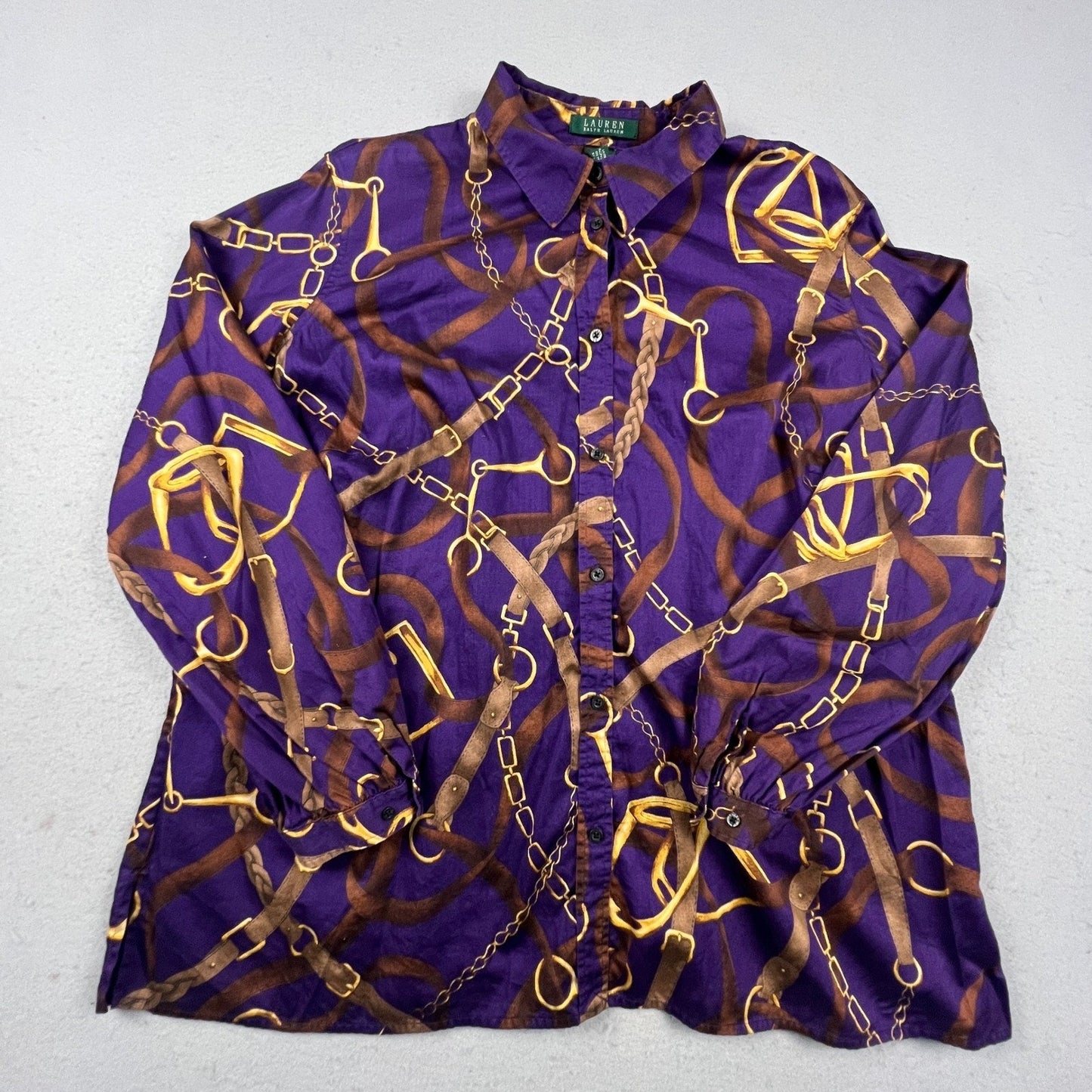 Lauren Ralph Lauren Shirt Womens 2X Purple Equestrian Chain Print Cotton Blouse