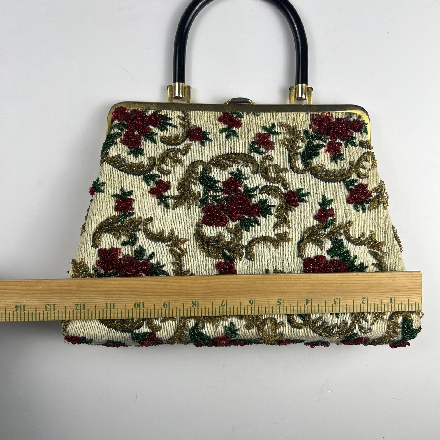 Vintage 1950s Beaded Tapestry Handbag Floral Lucite Handle MCM Evening Purse