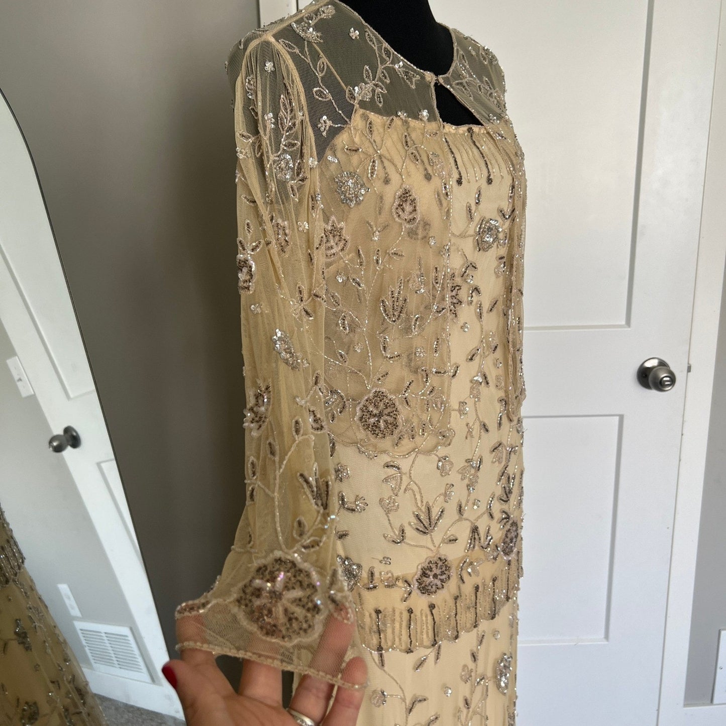 Vintage Style Beaded Dress Small Champagne Sequin Flapper Gown Bridal Wedding