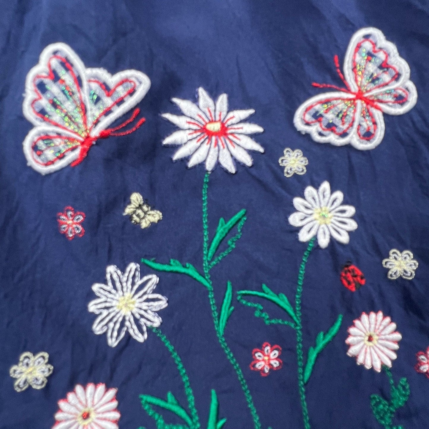 BonWorth Button Up Shirt Womens M Navy Blue Floral Butterfly Gingham Trim Granny