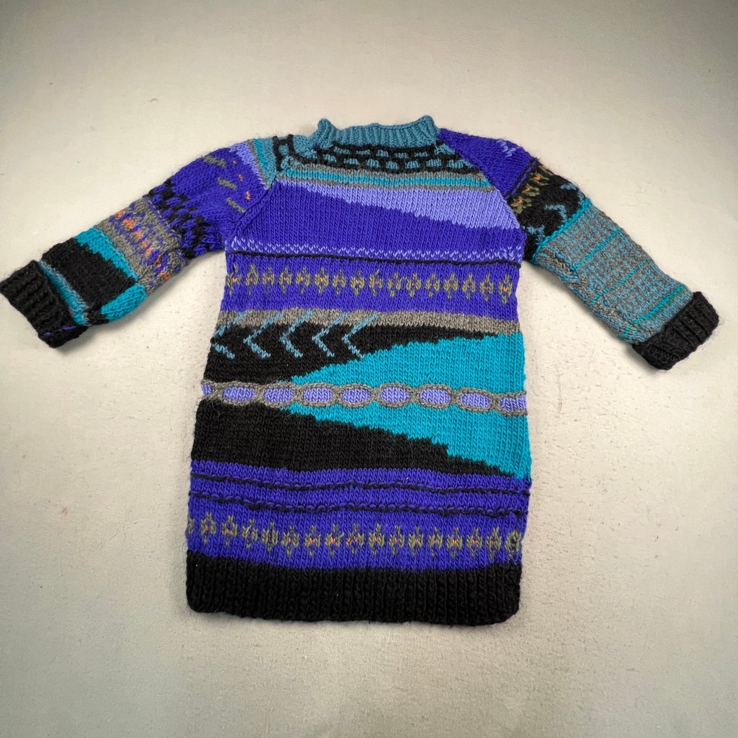 Hand Knit Sweater Dress Womens M Purple Turquoise Abstract Fair Isle Boho 3D VTG