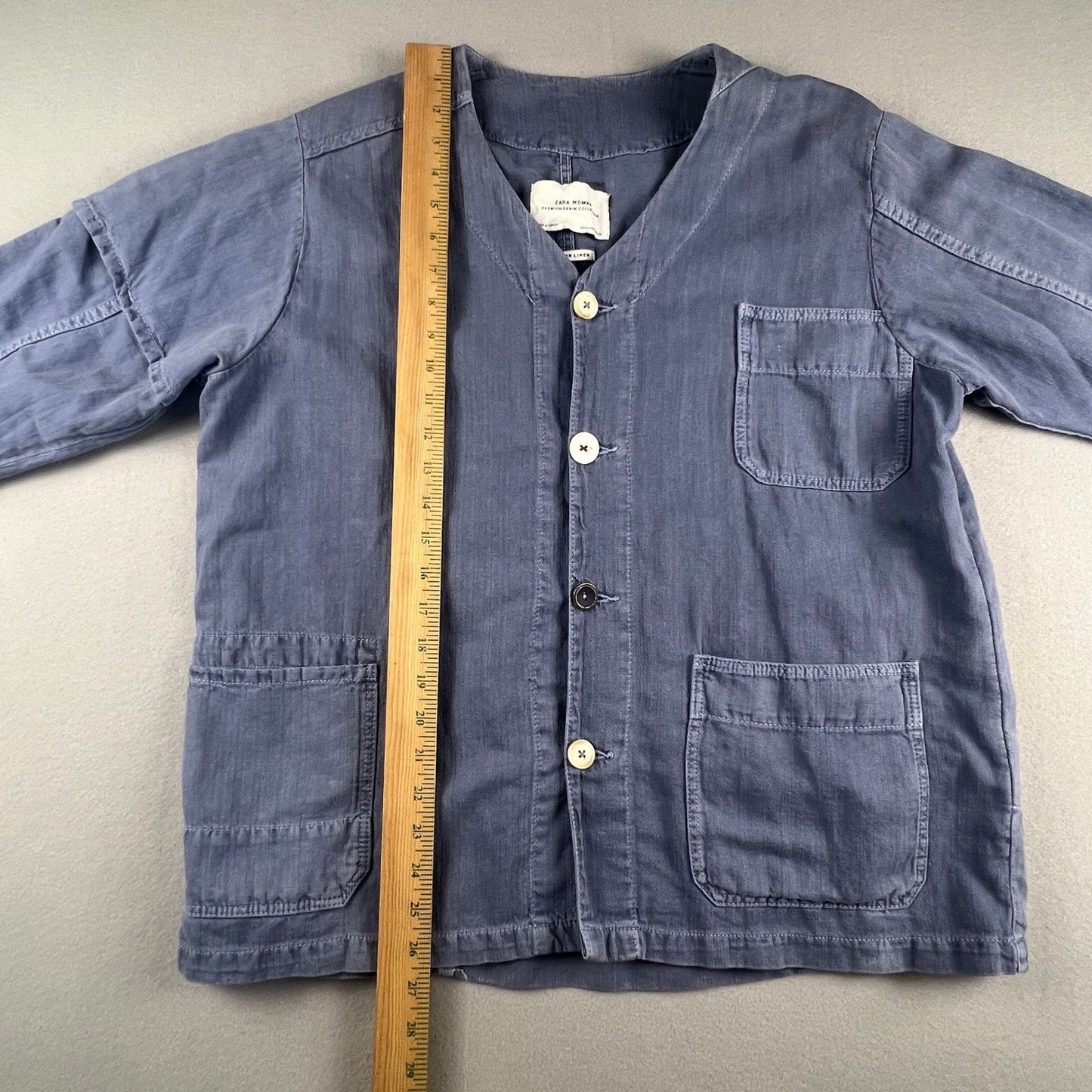 Zara Chore Jacket Womens Medium Blue Cotton Linen Utility Workwear Shacket M