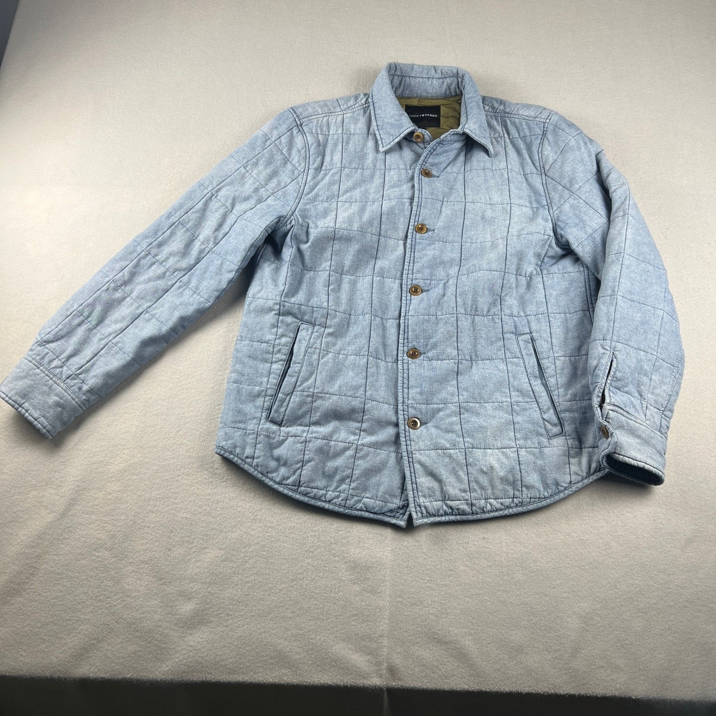 Lucky Brand Quilted Shirt Jacket Mens Medium Blue Cotton Linen Workwear Shacket