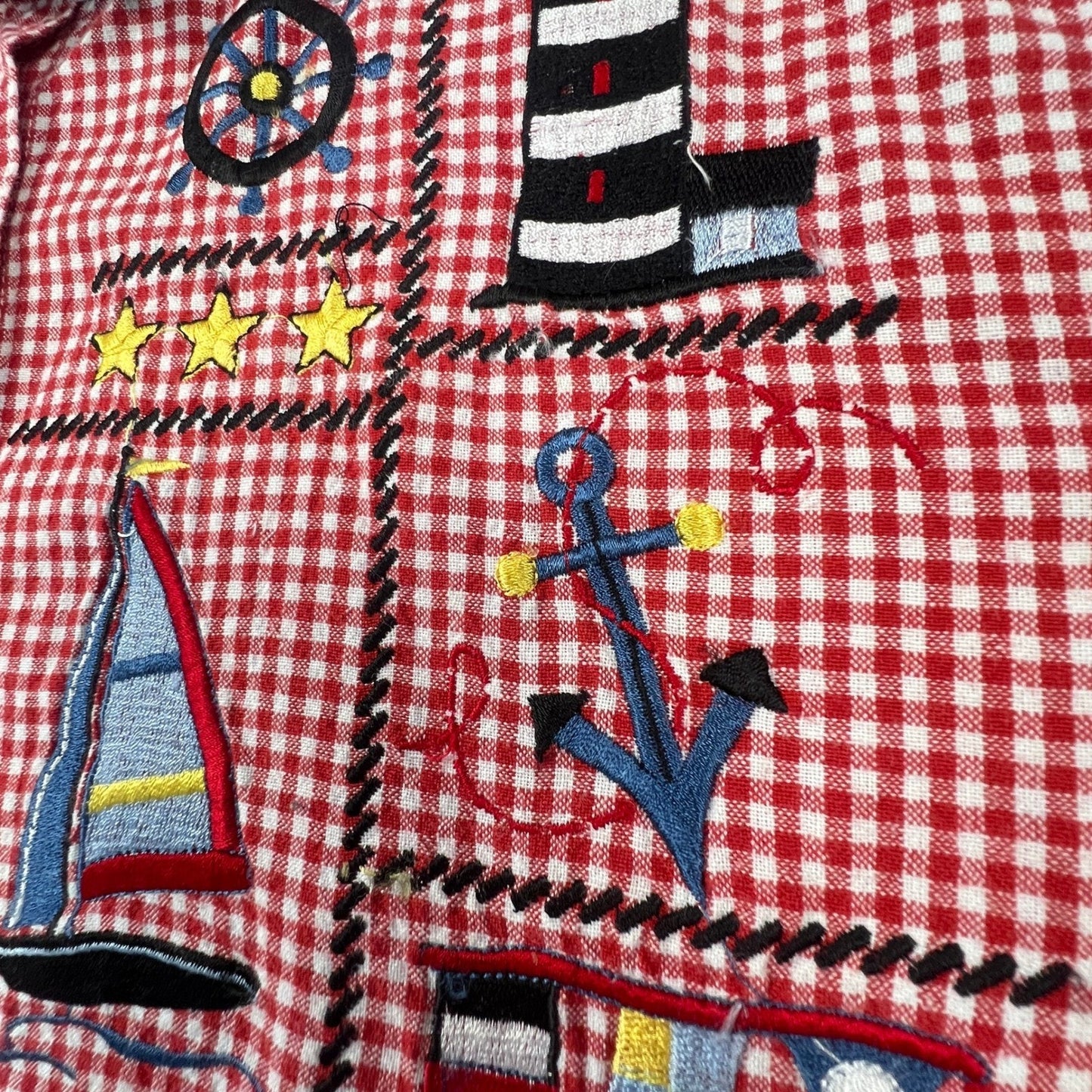 Bobbie Brooks Nautical Embroidery Shirt Women L Red Gingham Denim Coastal Granny