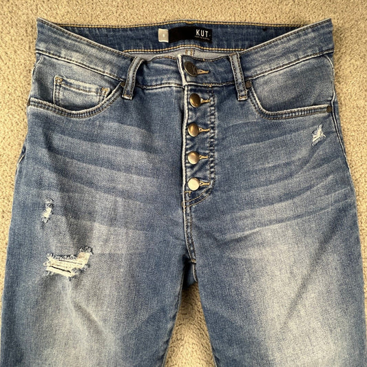 Kut from the Kloth Reese Straight Leg Jeans Womens 6 Blue Button Fly Distressed