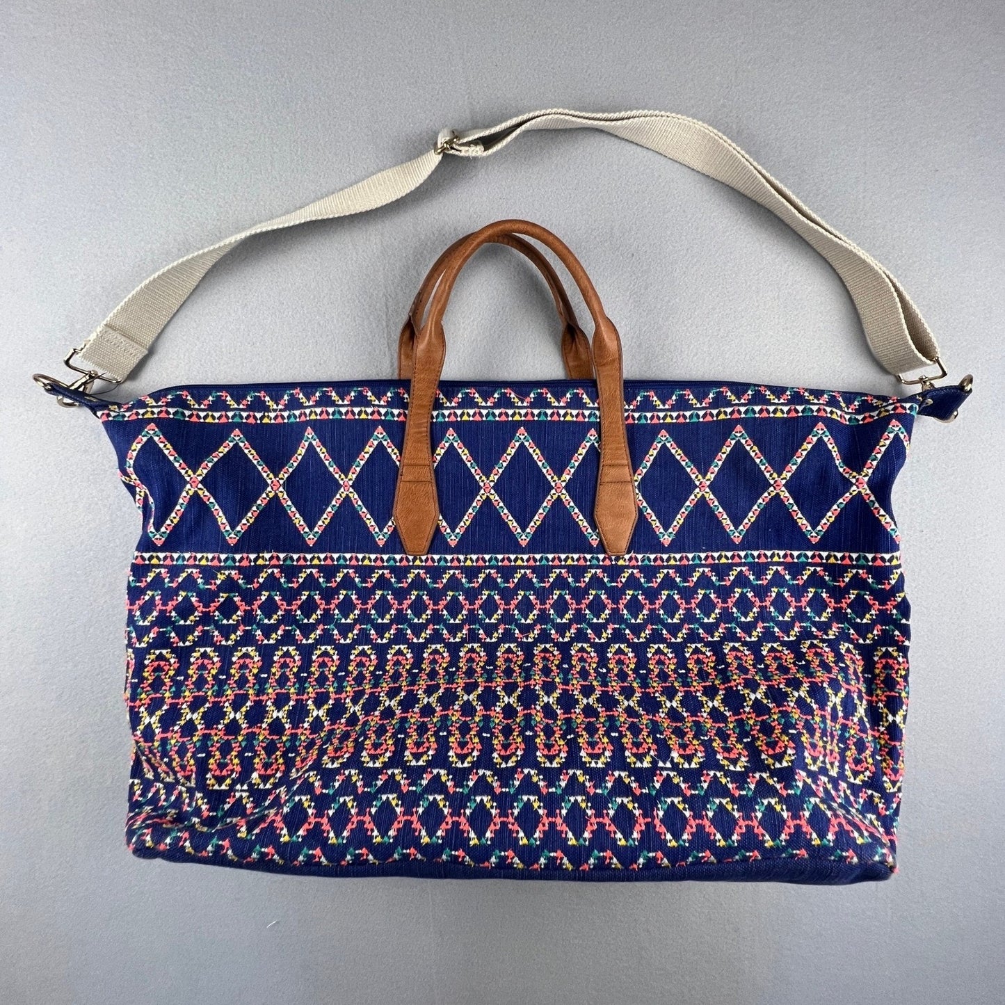 Boho Weekender Travel Bag Large Blue Embroidered Geometric Tote Carry On