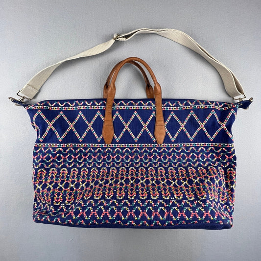 Boho Weekender Travel Bag Large Blue Embroidered Geometric Tote Carry On