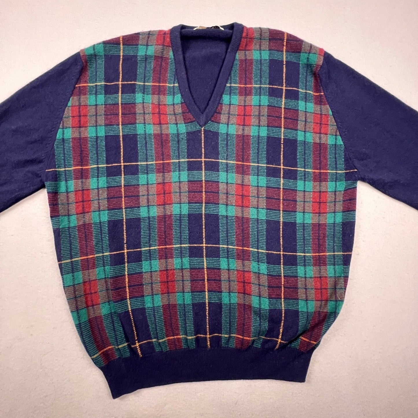 Pringle of Scotland V-Neck Sweater Men 2XL Navy Plaid Lambswool Vintage Scotland