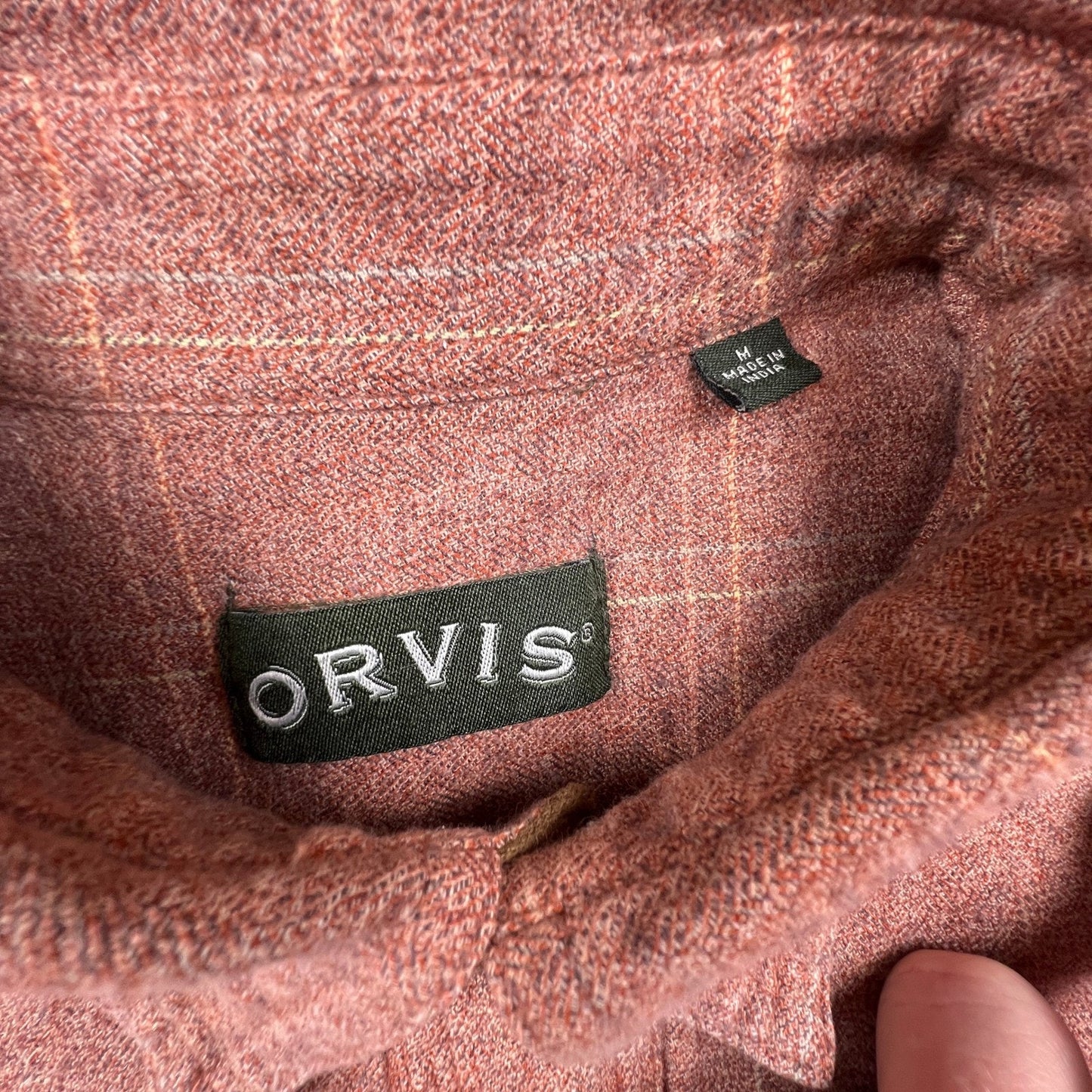 VTG Orvis Flannel Shirt Men Medium Rust Orange Plaid Elbow Patch Outdoor Rugged