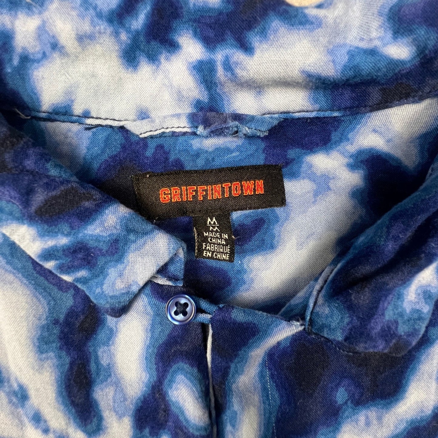 Griffintown Button Up Shirt Mens M Blue Tie Dye Rayon Short Sleeve Summer