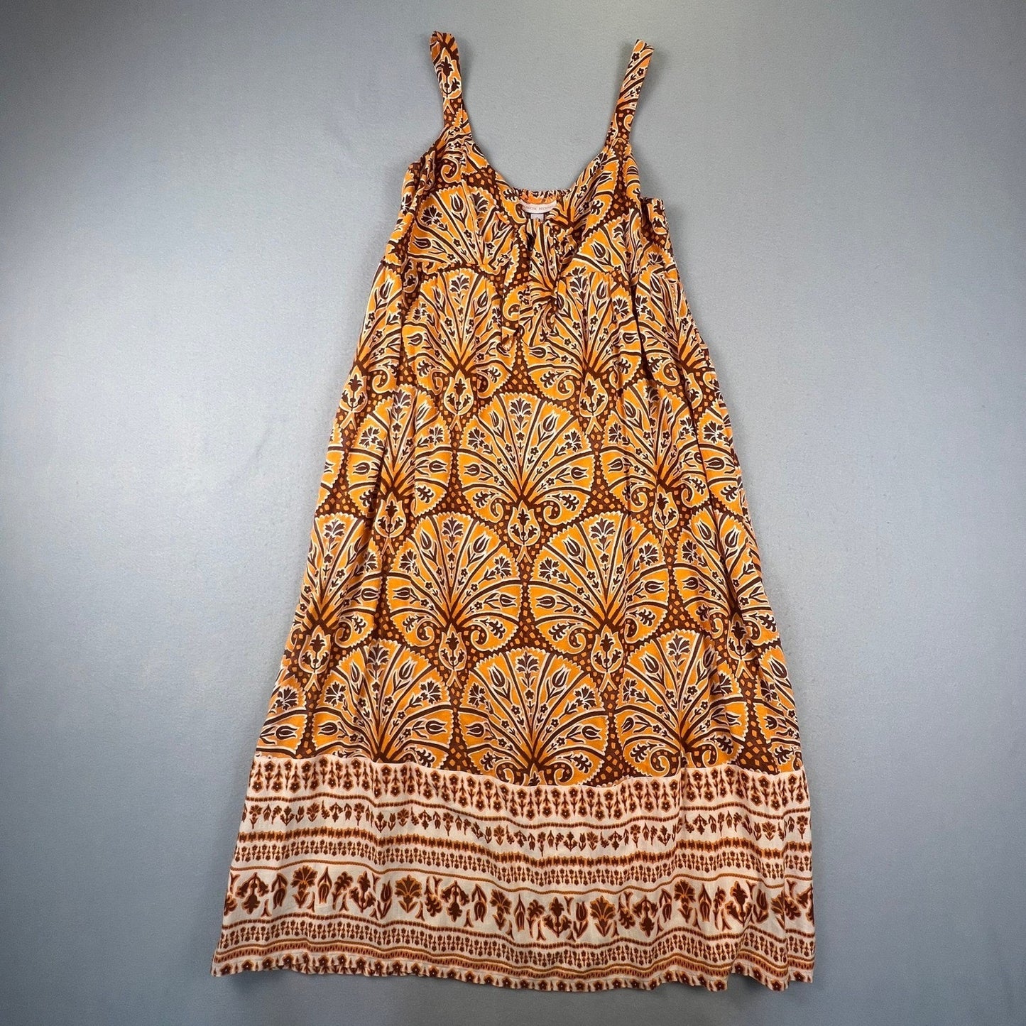 Boho Peasant Summer Midi Dress Womens Medium Orange Paisley Tie Front Knox Rose