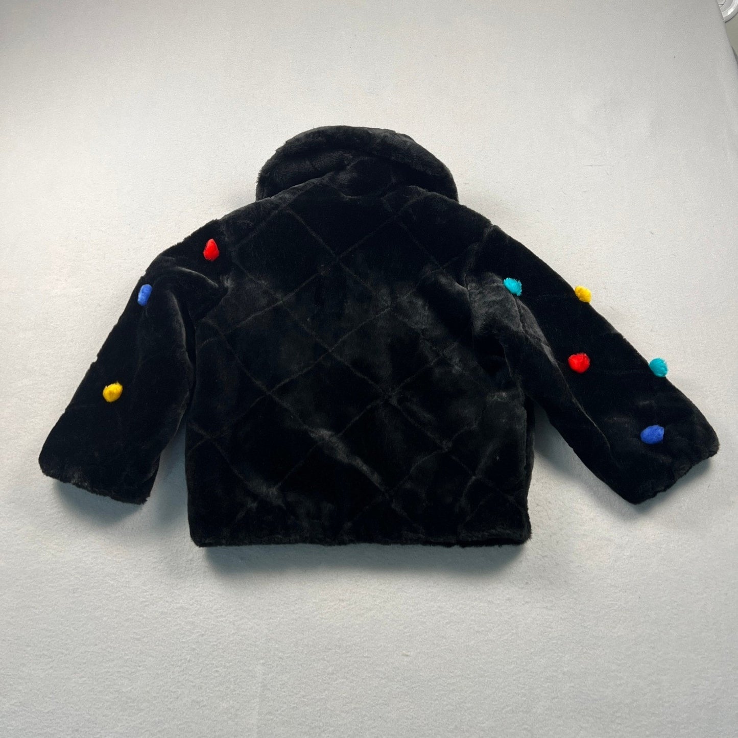 VTG 90s Young Gallery Faux Fur Jacket OS Black Pom Pom Polka Dot Lined Quilted