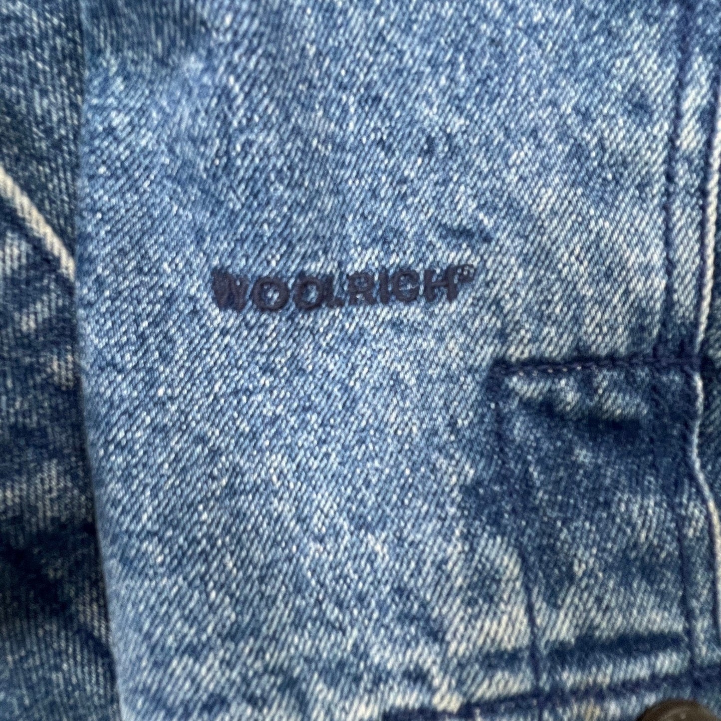 Woolrich Denim Barn Jacket Womens L Blue Leather Collar Fleece Lined Workwear