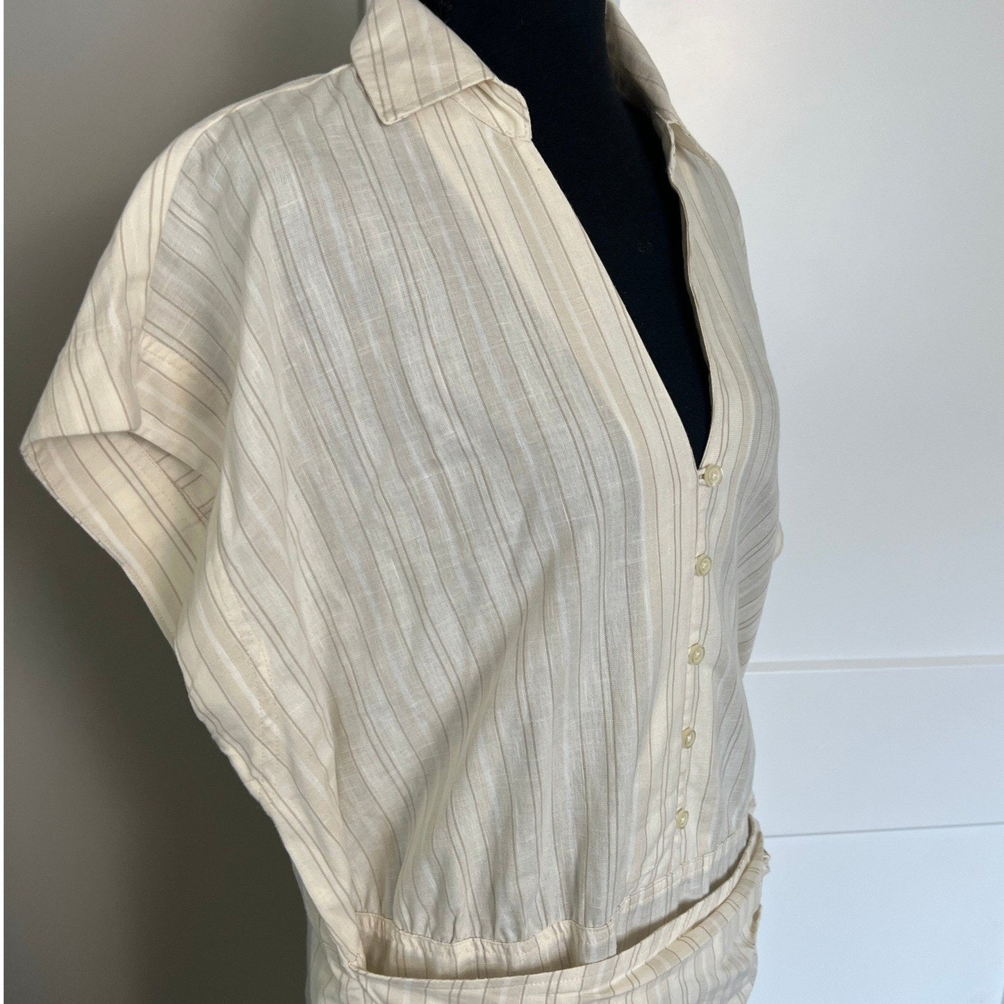 Midi Dress Womens L Cream Pinstripe Wrap Tie Cotton Casual Universal Thread
