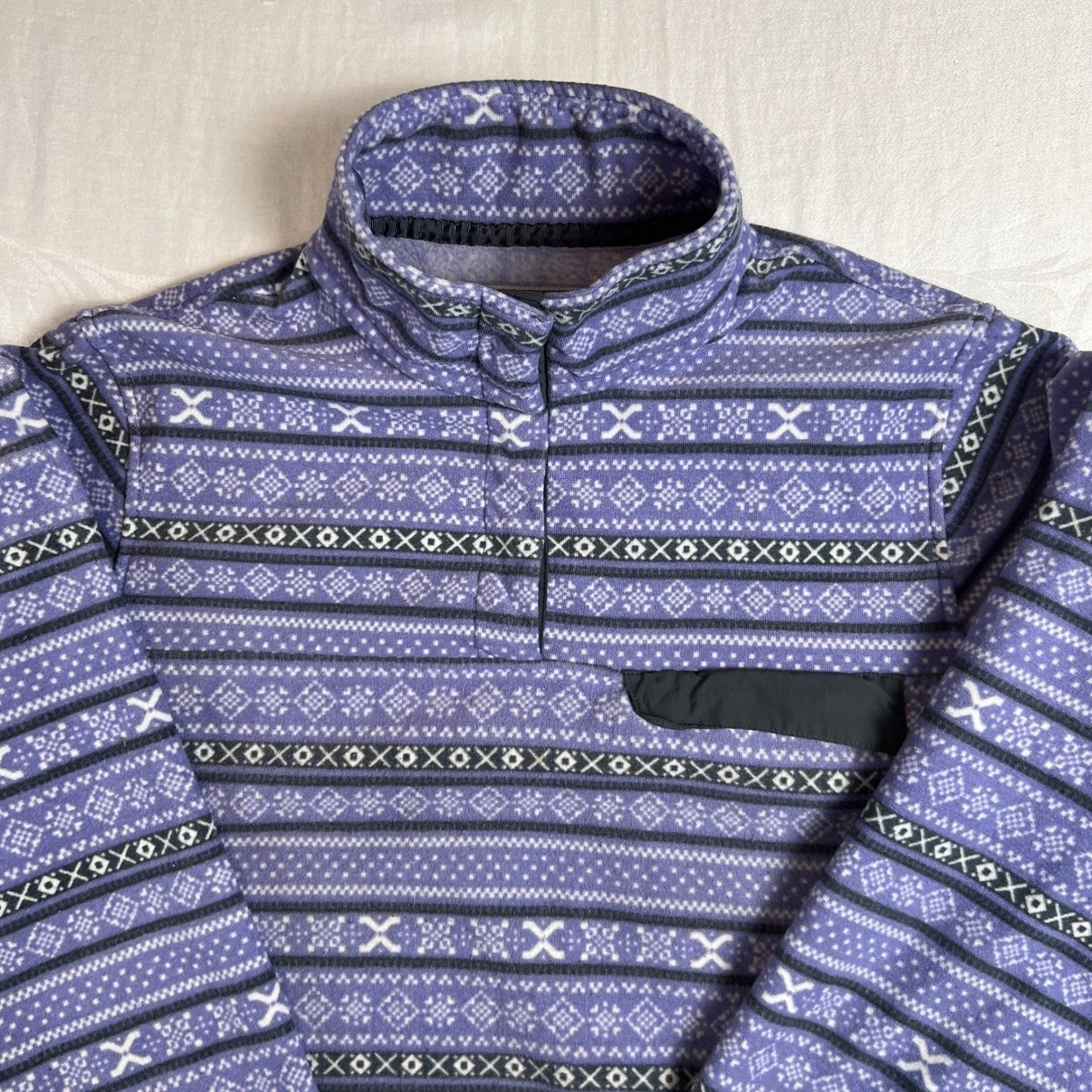Fair Isle Fleece Mens XL Pullover Snap Neck Cabin Sweater Purple JACHS