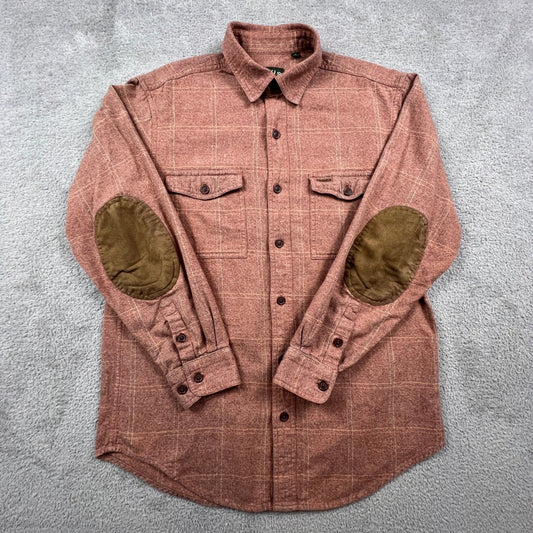 VTG Orvis Flannel Shirt Men Medium Rust Orange Plaid Elbow Patch Outdoor Rugged