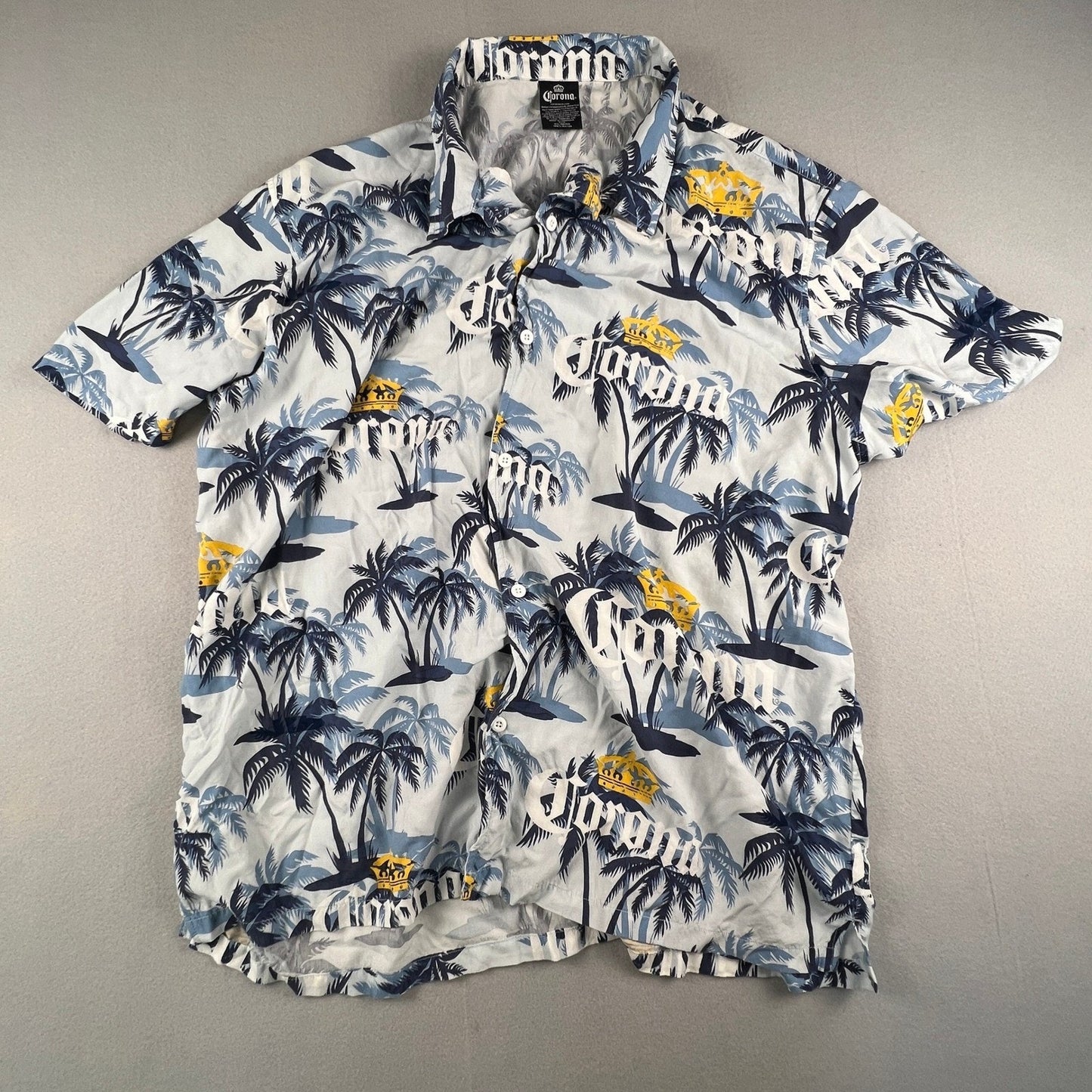 Corona Button Up Shirt Mens 2XL Blue Palm Tree Tropical Rayon Beach Hawaiian