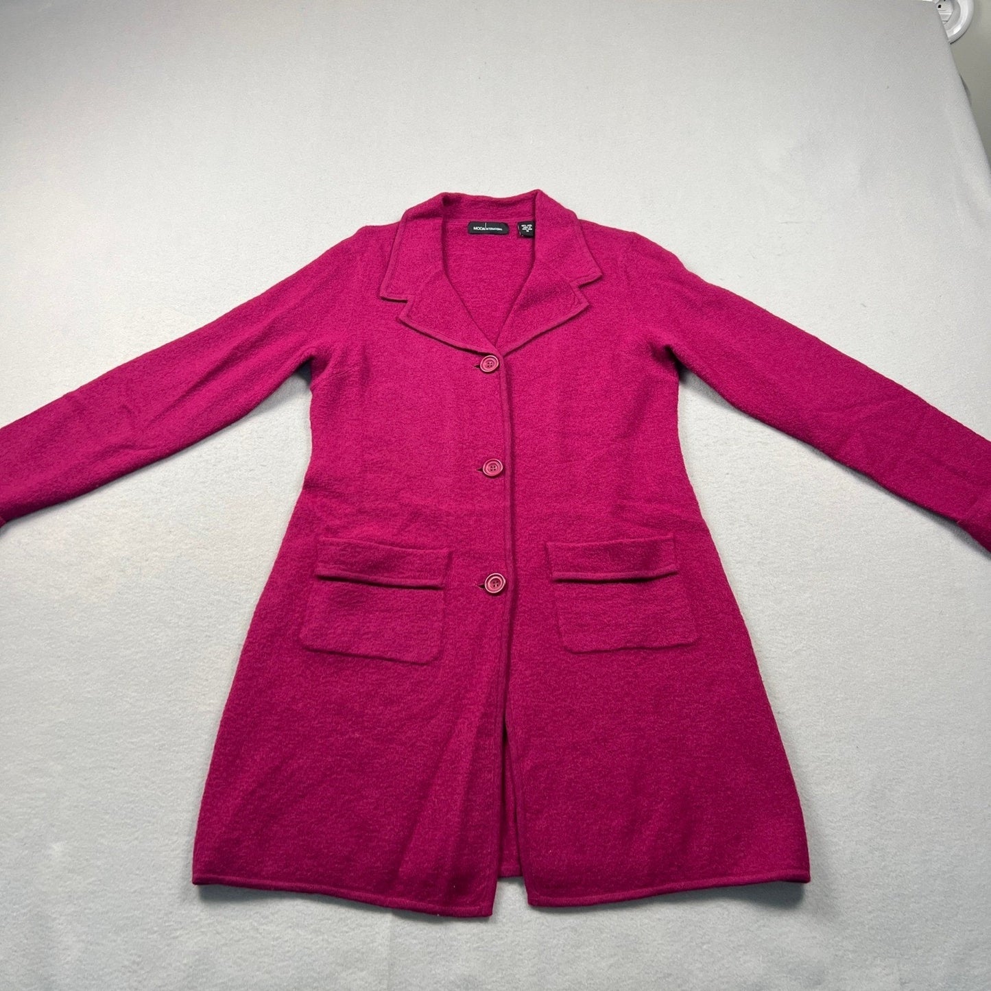 VTG 90s Moda International Wool Cardigan Coat M Pink Longline Boiled Sweater