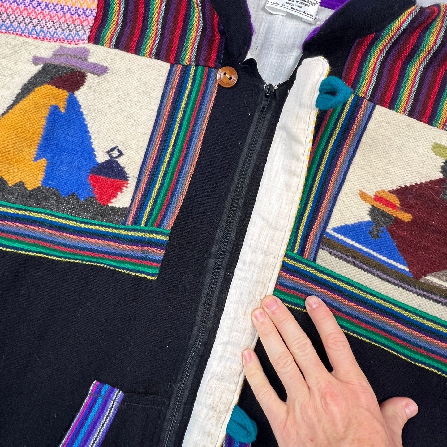 Artesanias Tahuantinsuyo Wool Jacket Mens XL Black Folk Art Otavalo Ecuador Boho