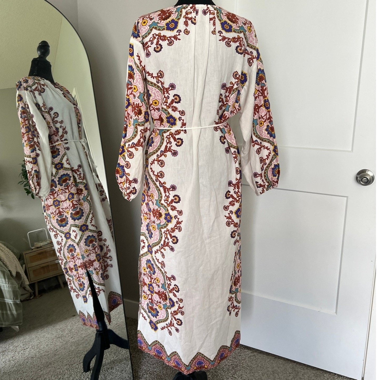 Cleobella Maxi Dress Womens Small White Floral Paisley Cotton Linen Boho Belted