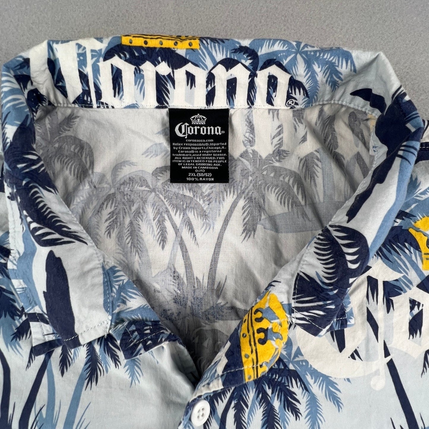 Corona Button Up Shirt Mens 2XL Blue Palm Tree Tropical Rayon Beach Hawaiian