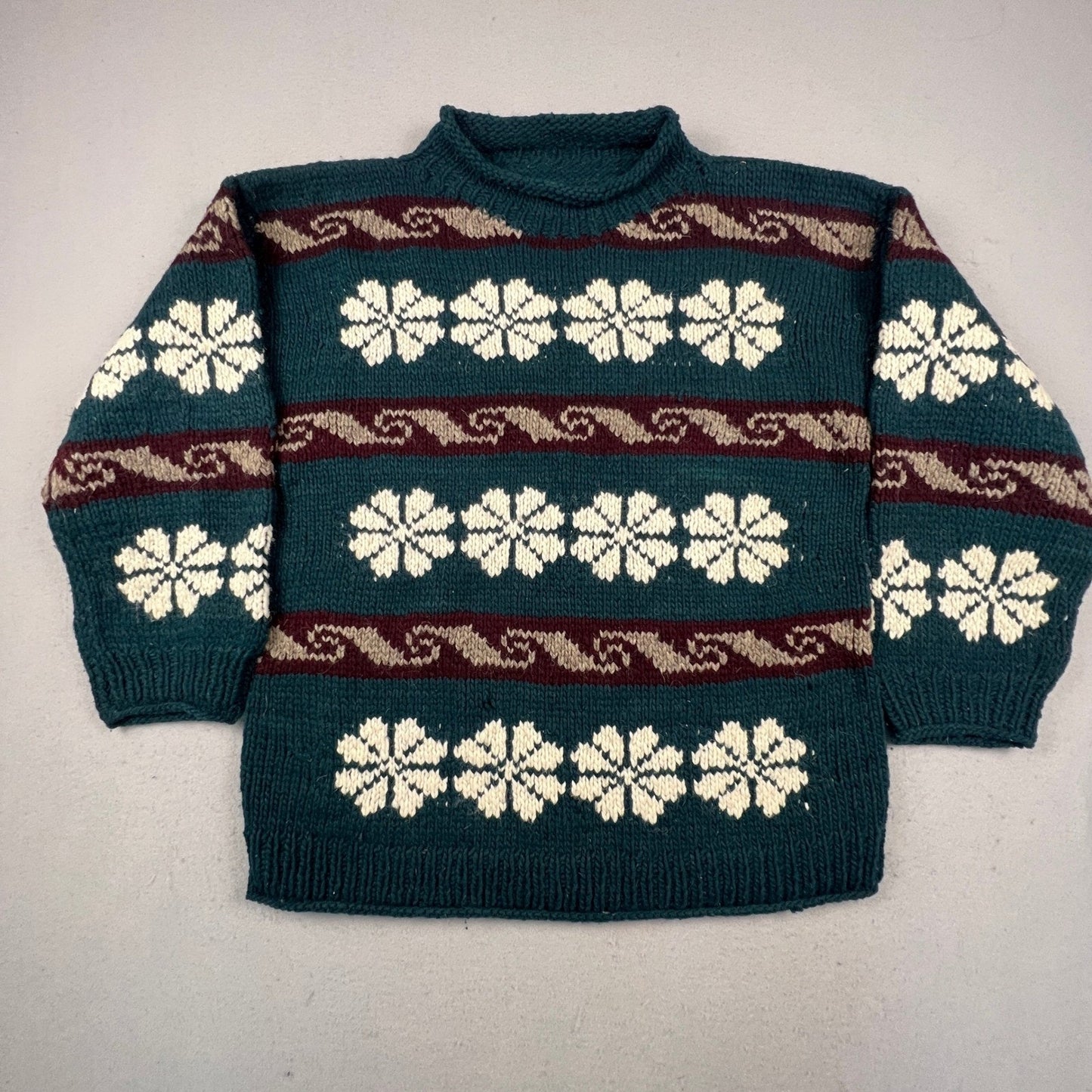 Hand Knit Nordic Snowflake Sweater Mens XL Teal Wool Blend Fair Isle Cabin Core
