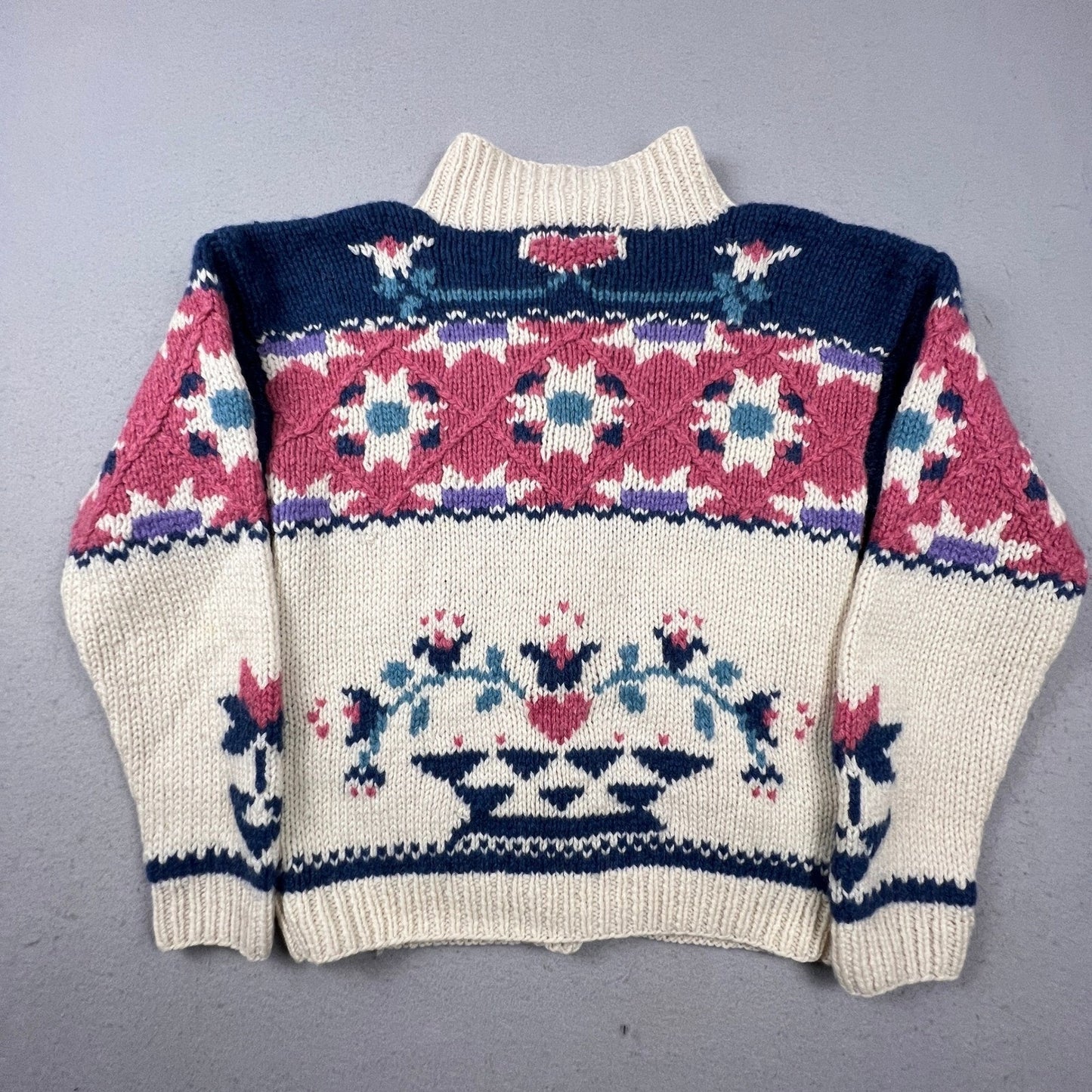 Woolrich Cardigan Sweater Womens M Cream Wool Folk Art Intarsia Vintage 90s Knit