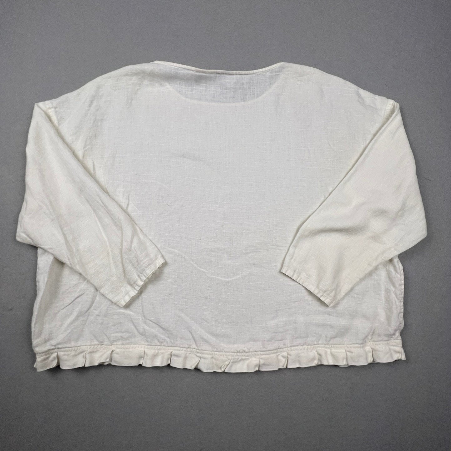 J. Jill Linen Blouse Women XL White Ruffle Hem 3/4 Sleeve Casual Relaxed Boho