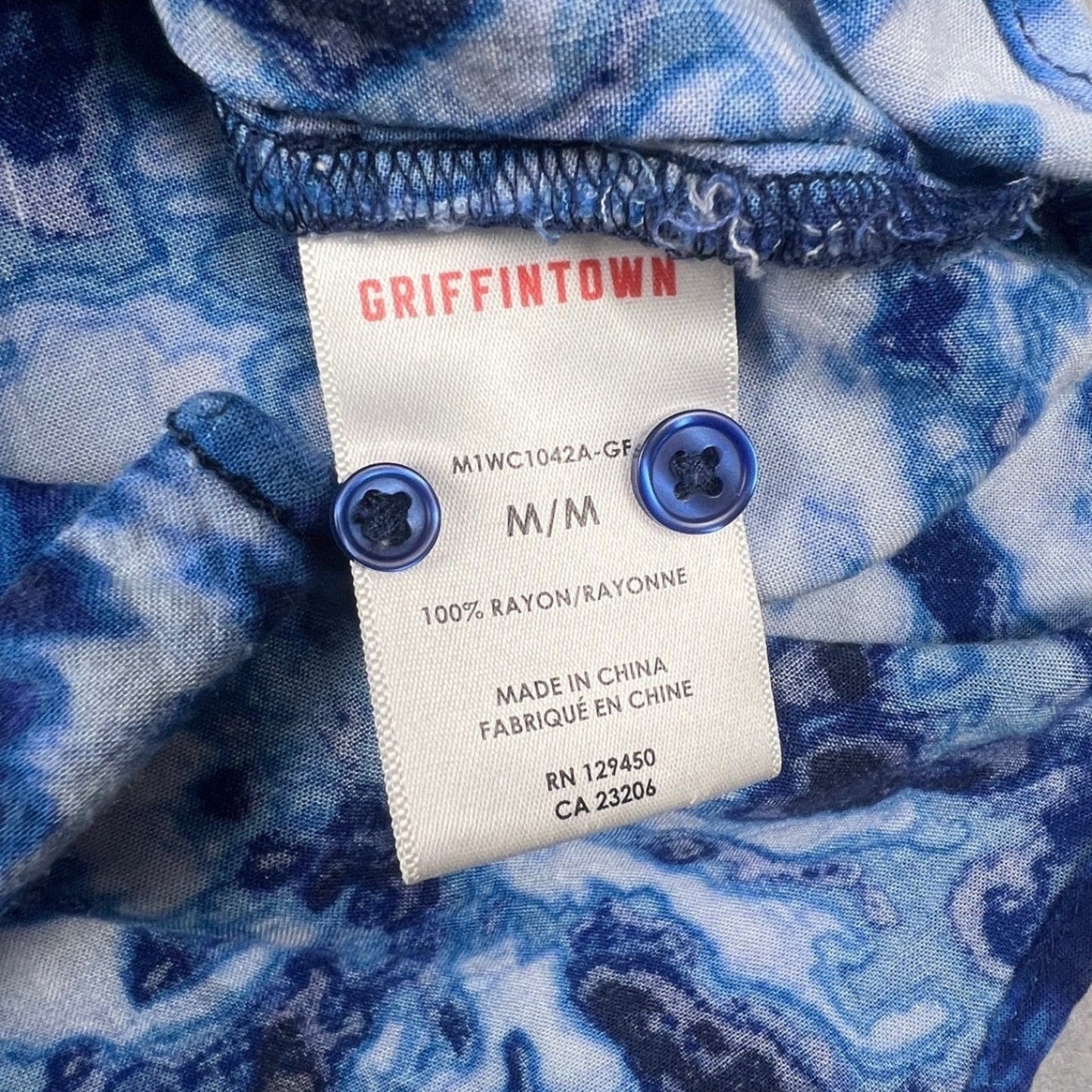 Griffintown Button Up Shirt Mens M Blue Tie Dye Rayon Short Sleeve Summer