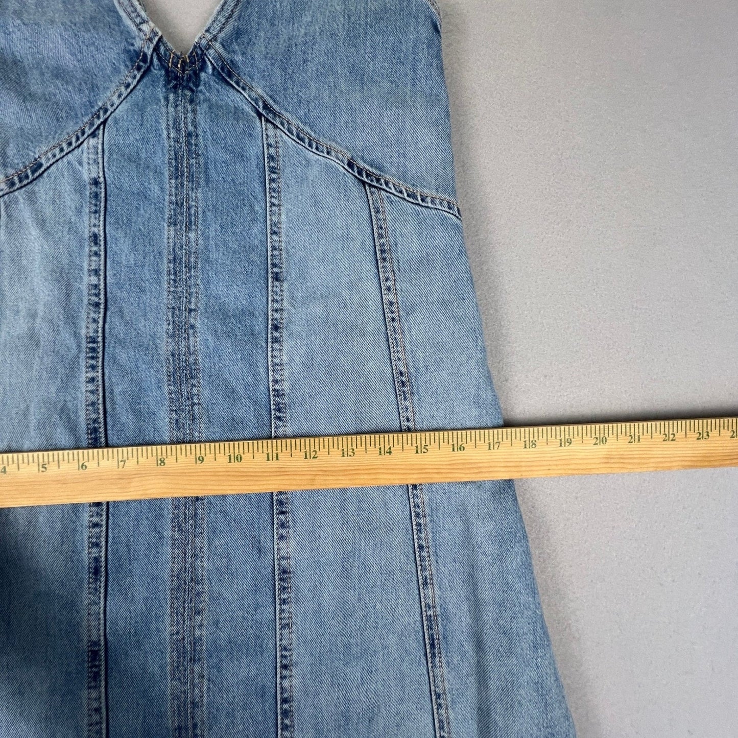 Zara Denim Maxi Dress Womens S Blue V-Neck Sleeveless Seam Detail Boho Casual