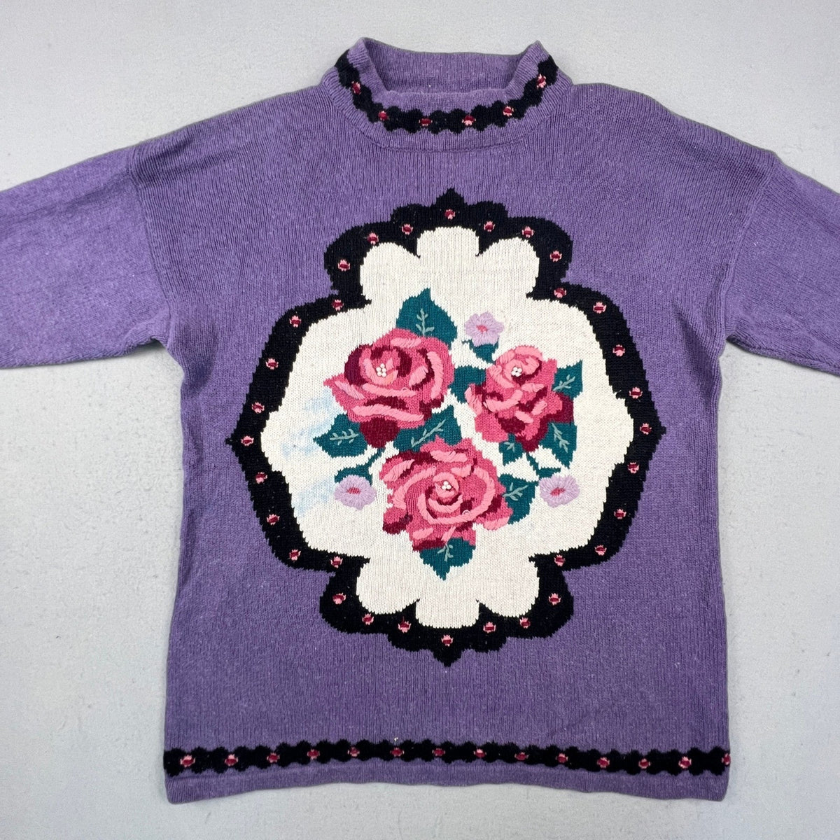 Maggie Lawrence Sweater Womens 22/24 Purple Floral Rose Embroidered Mock Neck
