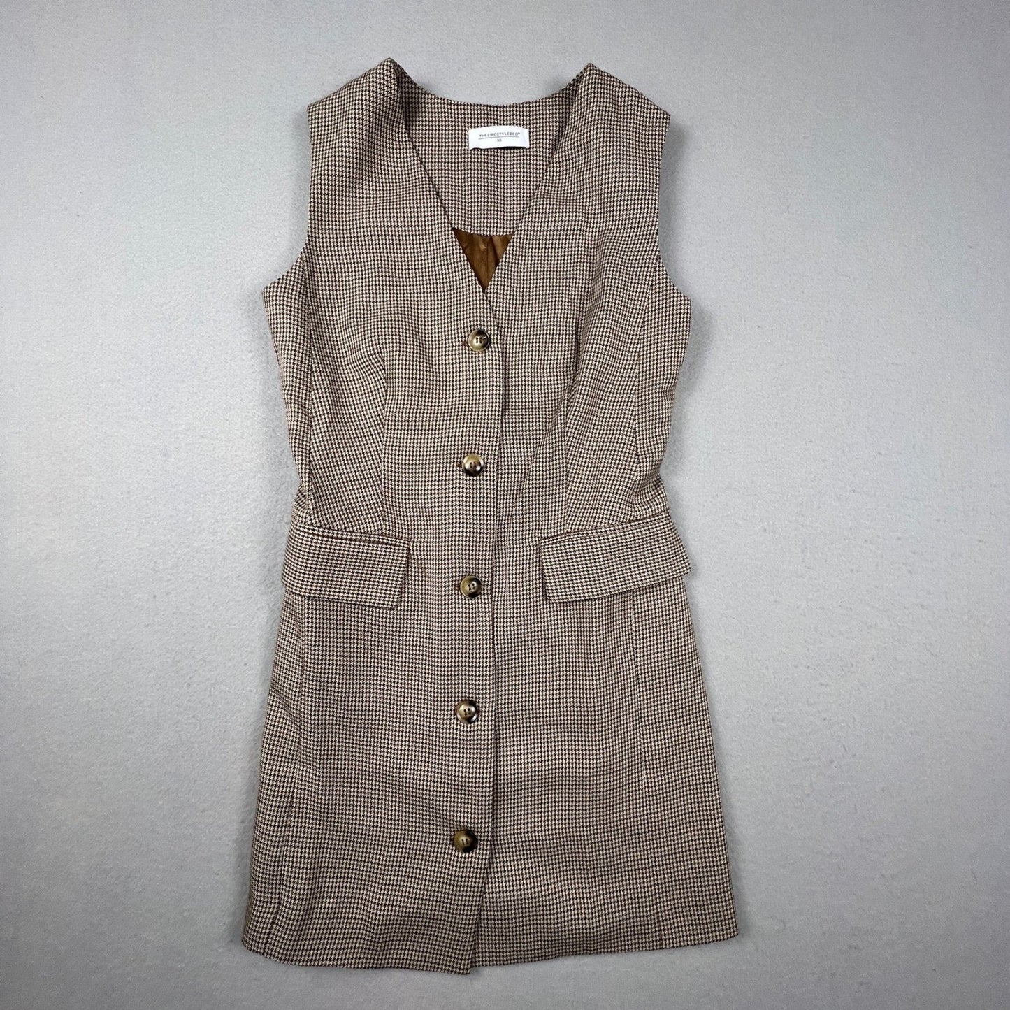 Houndstooth Vest Mini Dress XS Brown Button Front Dark Academia THELIFESTYLEDCO
