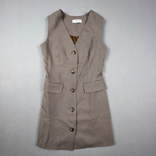 Houndstooth Vest Mini Dress XS Brown Button Front Dark Academia THELIFESTYLEDCO