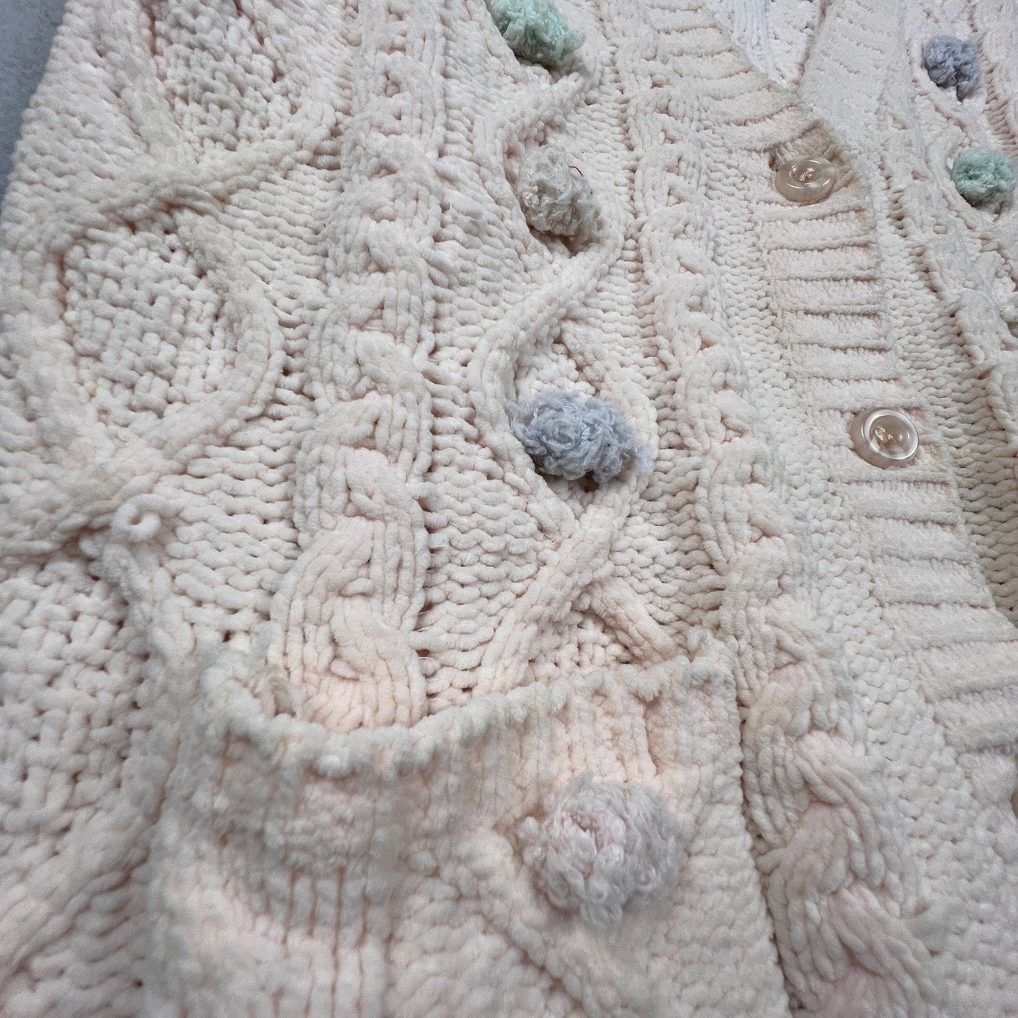 POL Cardigan Sweater Women Medium Cream Chenille Cable Knit Pom Pom Coquette