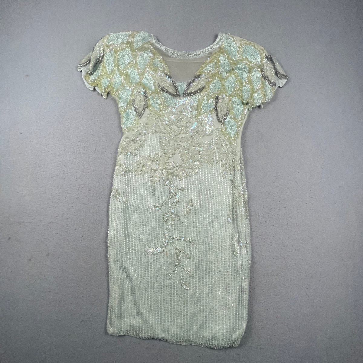 Vintage Oleg Cassini Beaded Silk Dress Women 8 Green Sequin Floral 80s Cocktail