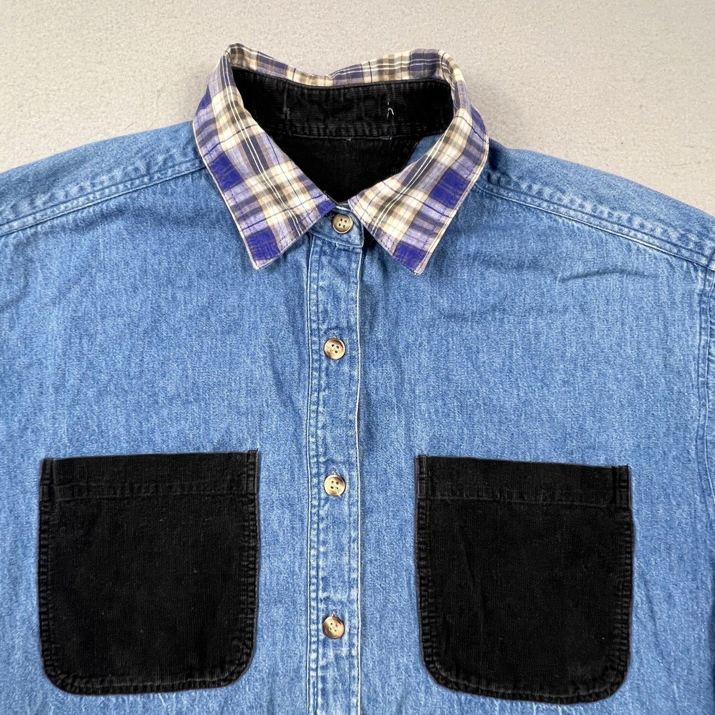 VTG Tommy Hilfiger Denim Shirt Womens Medium Blue Corduroy Pocket Plaid Trim