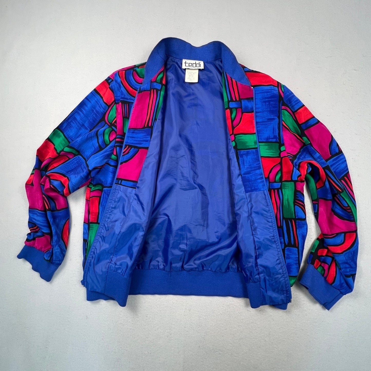 VTG Retro 90s Teddi Bomber Jacket Womens Large Blue Abstract Geometric Zip Up