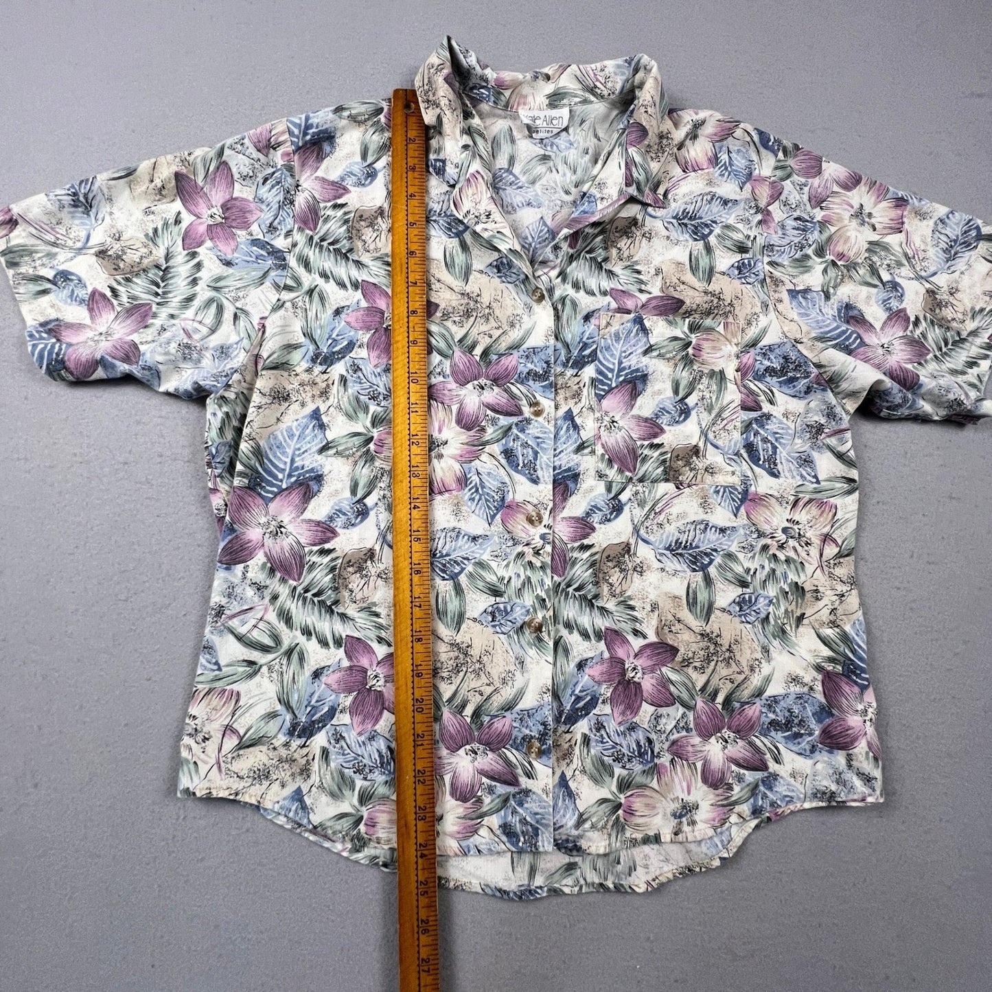 Kate Allen Floral Button Up Shirt Womens Petite Large Purple Blue Tropical Camp