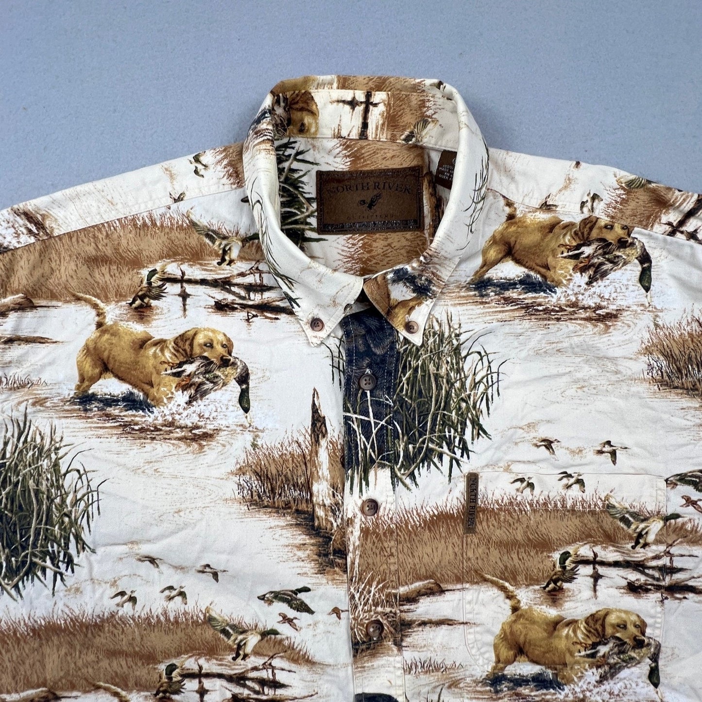 North River Hunting Dog Shirt Mens XL Beige Duck Lab Retriever All Over Print