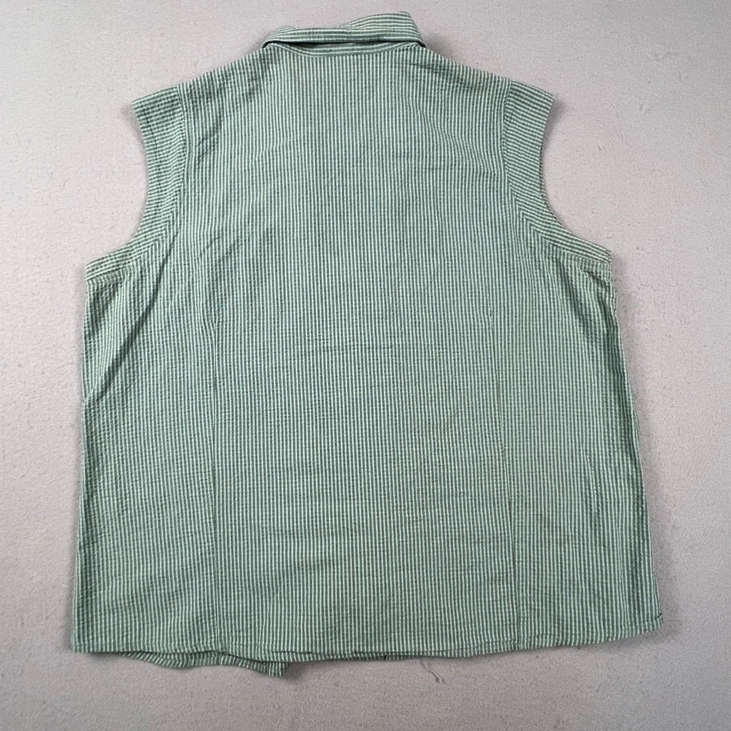 Woolrich Seersucker Shirt Womens XL Green Striped Sleeveless Button Up Outdoor