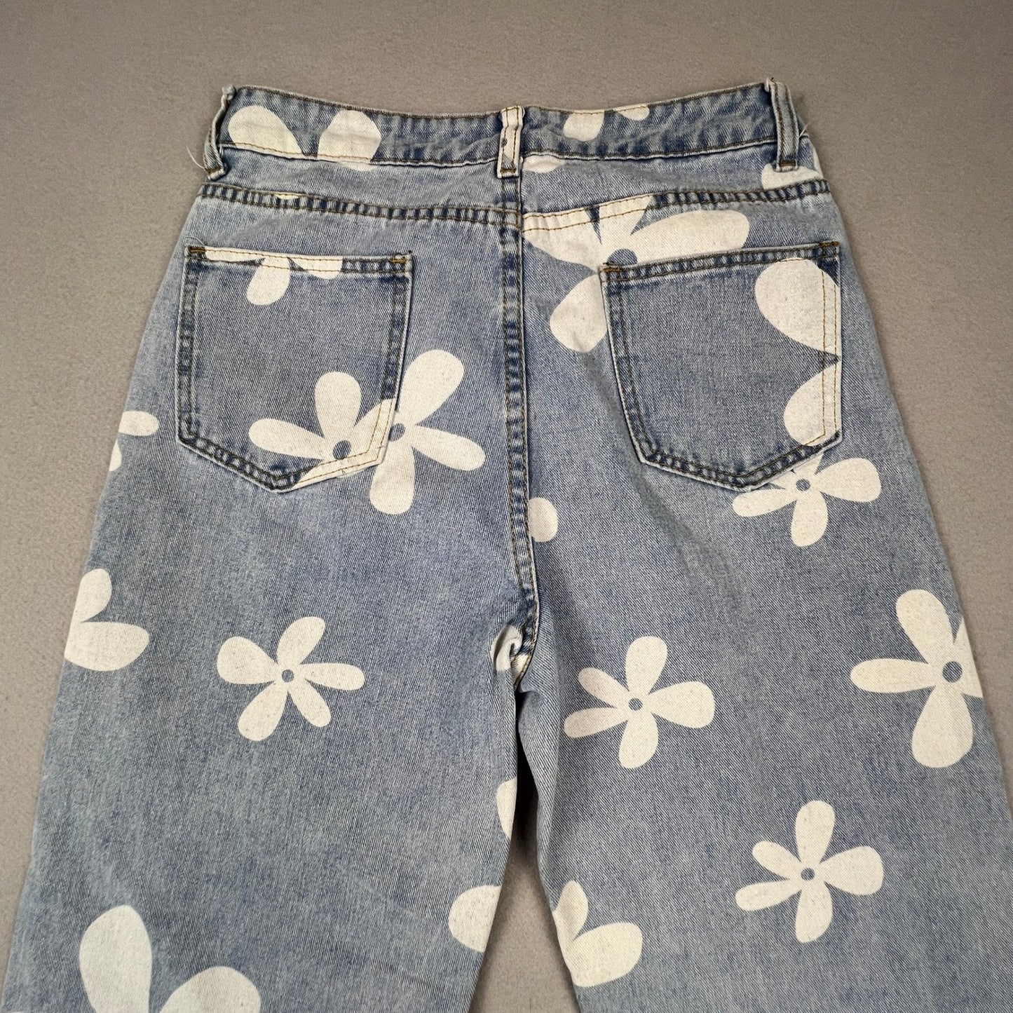 Straight Leg Retro Boho Daisy Print Jeans Womens 27 Light Blue Floral