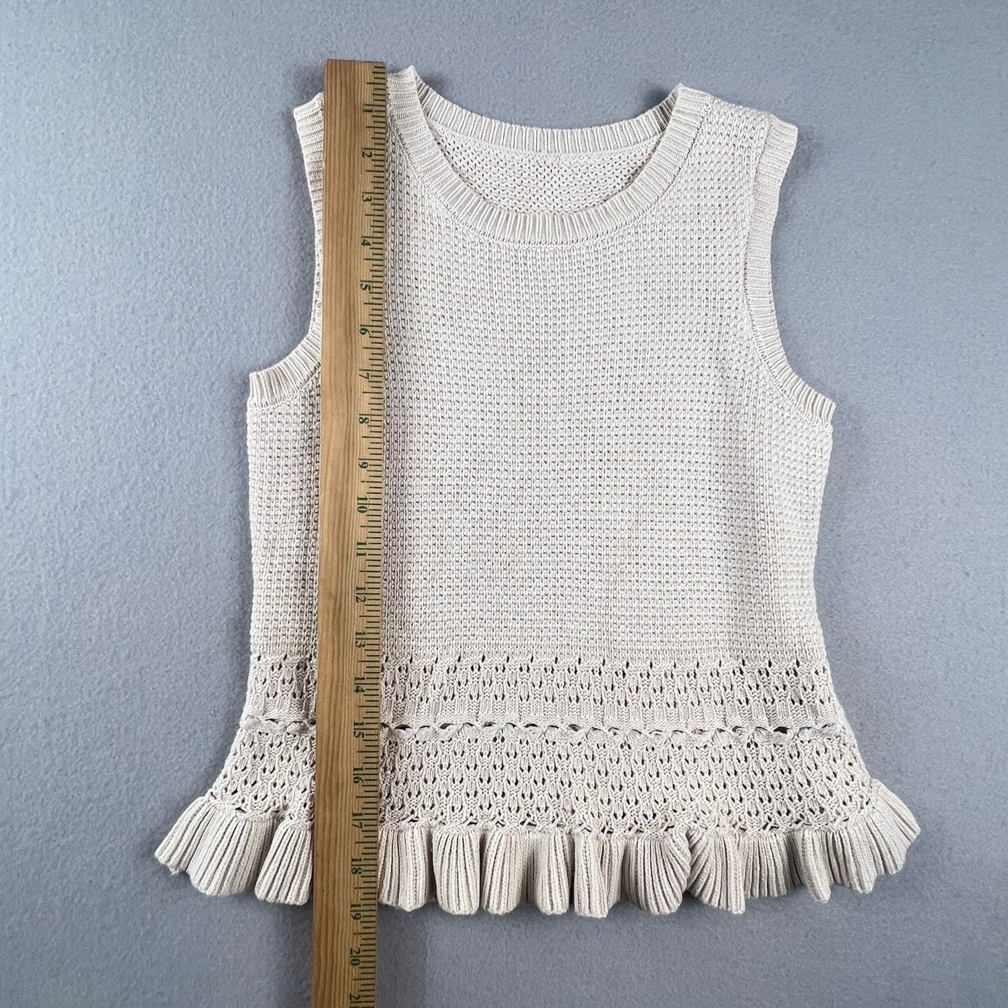 Cicard Knit Tank Top Womens Medium Beige Ruffle Peplum Pointelle Minimalist