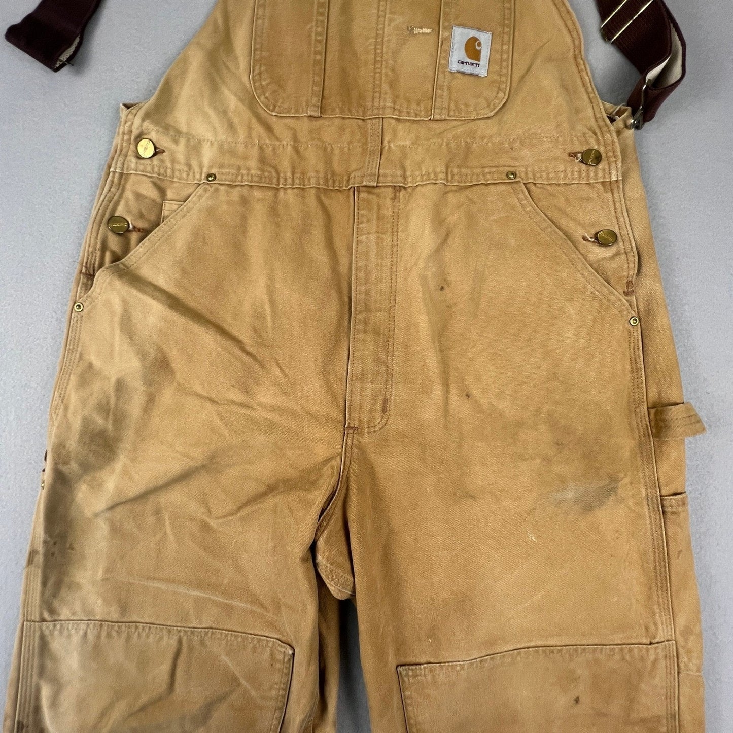 Carhartt Bib Overalls Mens 38x30 Brown R01 BRN Double Knee Workwear Distressed