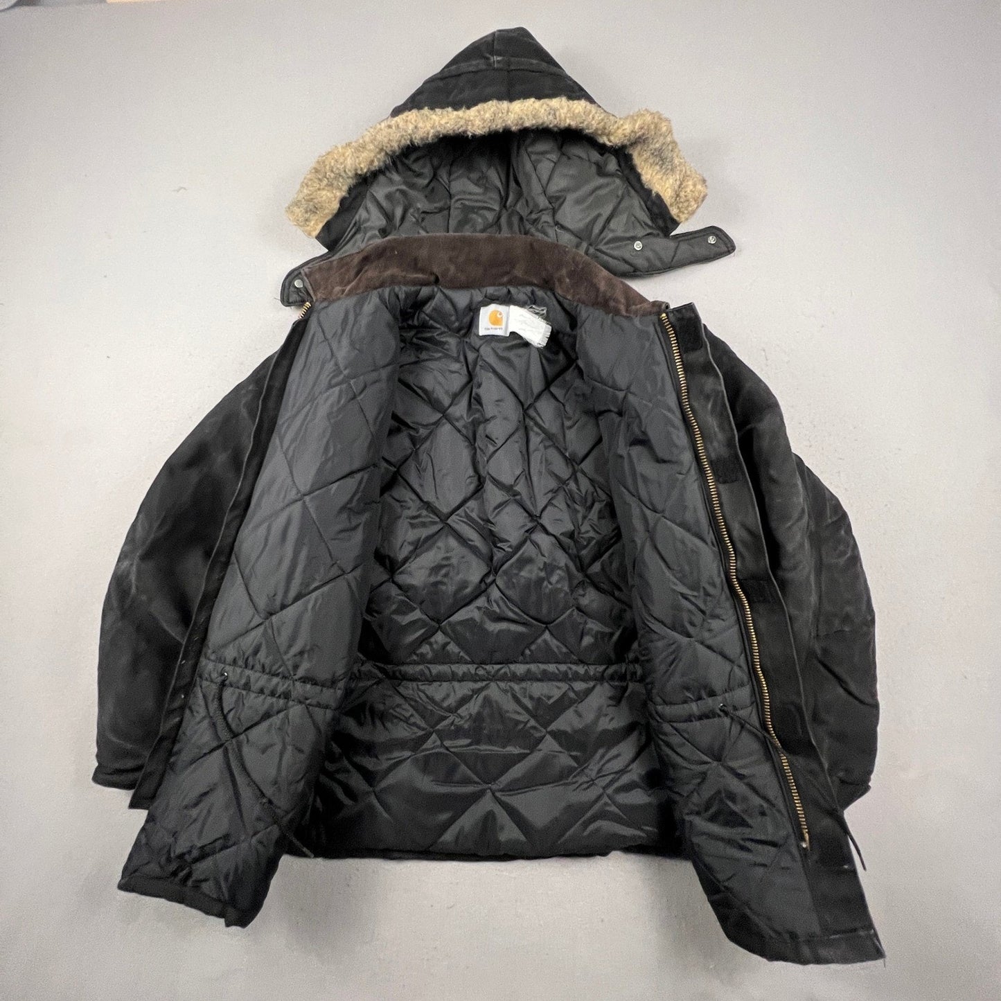 VTG Carhartt Black Arctic Quilt Lined Traditional Duck Canvas Coat Hood C26 BLK