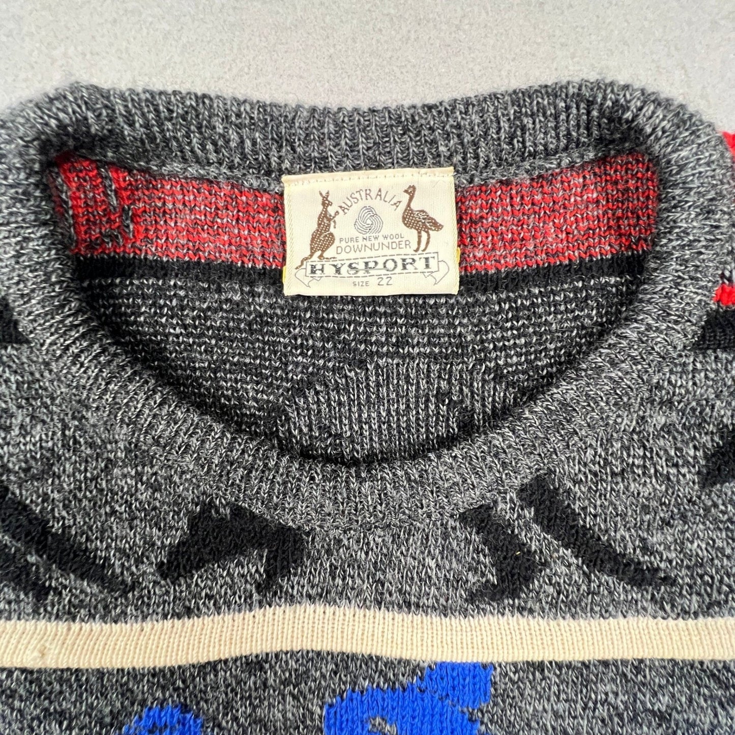 Hysport Wool Sweater Mens 22 Grey Australian Animal Intarsia Knit Vintage Retro